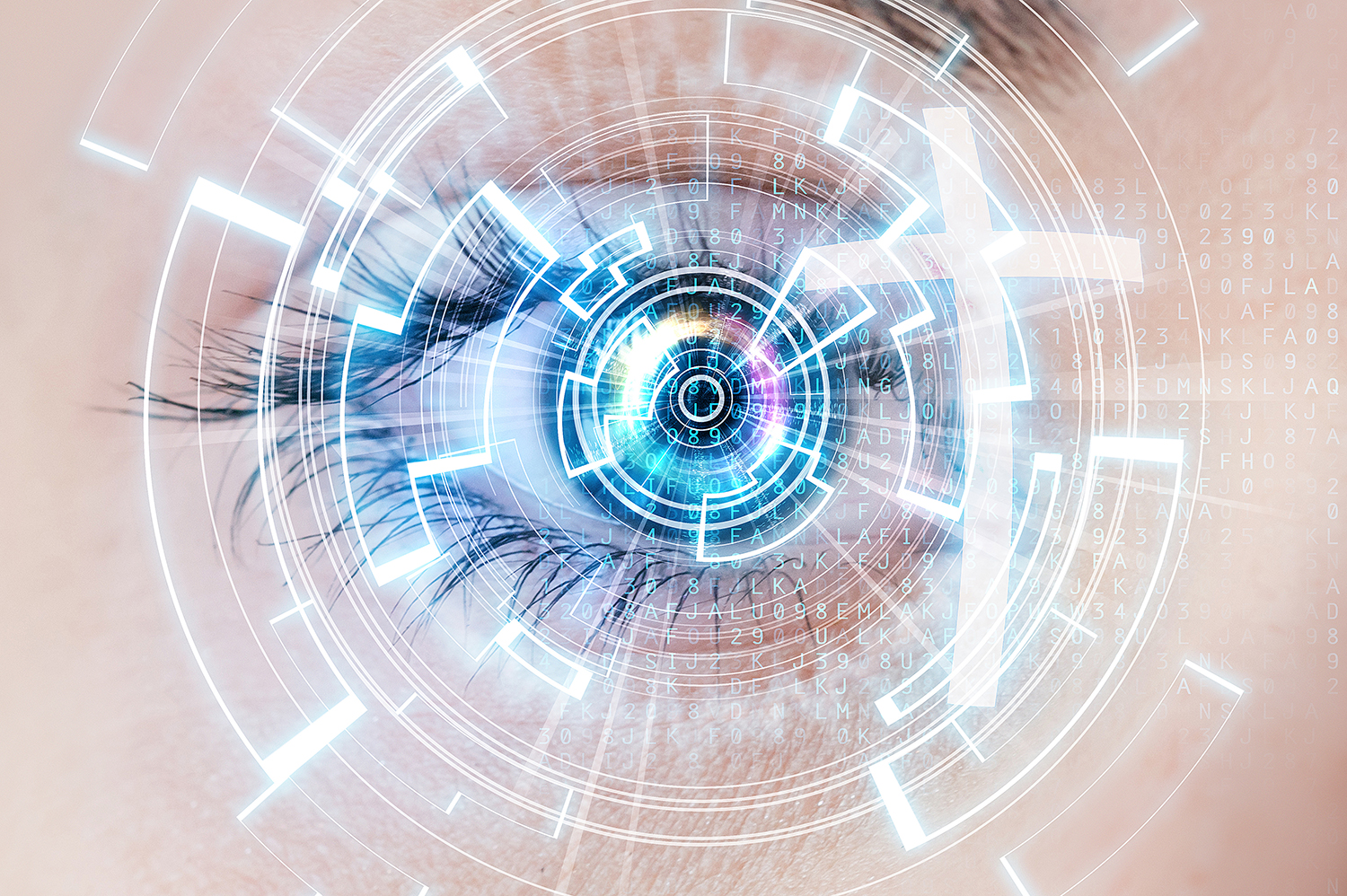 Blue eye looking forward with circled and numbers and letters covering it to give a digital effect